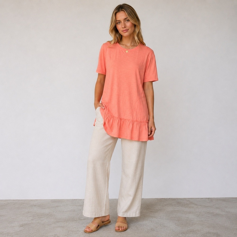 LOGO‎ Lori Goldstein Womens Coral Orange Cotton Slub Ruffle Tunic T-Shirt Small
